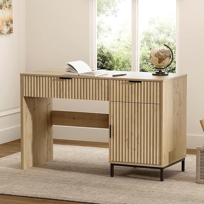47" Fluted Executive Desk, Modern Wood Home Office Desk with Charging Station, Drawer & Cabinet, Computer Writing Desk for Work Study, Light Oak