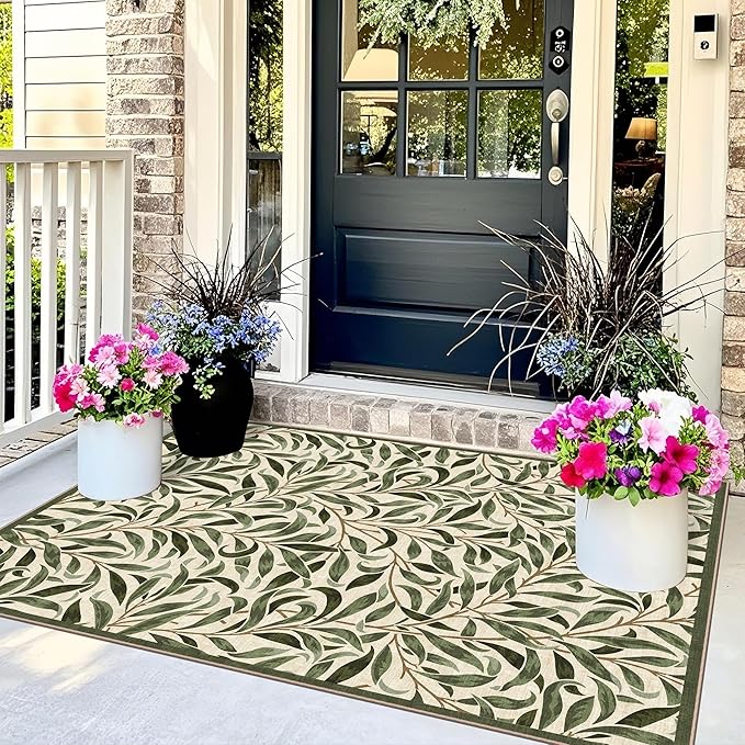 3x5 Boho Entry Rug - Small Washable Indoor Outdoor Mats for Front Door Non-Slip Porch Rug Sage Green Botaniacal Leaf Throw Rugs for Living Room Bedroom Entryway Kitchen Office Porch Decor