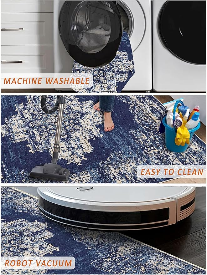 vivorug 9x12 Area Rugs for Living Room, Non Slip Machine Washable Vintage Navy Blue Rug, Ultra-Thin Lightweight Large Area Rug for Bedroom, Dining Room, Low Pile Rug