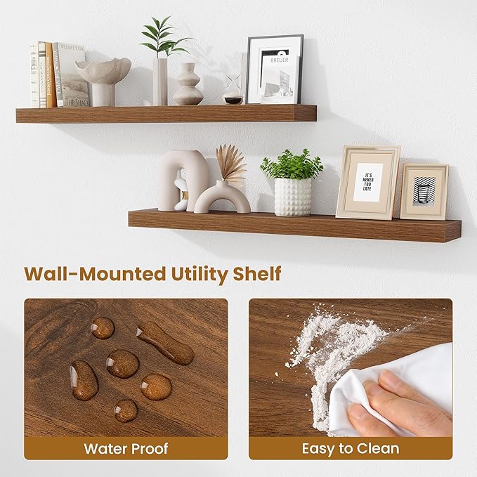 Fun Memories 40 Inch Floating Shelves, Long Wood Wall Shelf Set of 2 with Invisible Brackets, for Bathroom, Living Room, Bedroom, Kitchen, Walnut