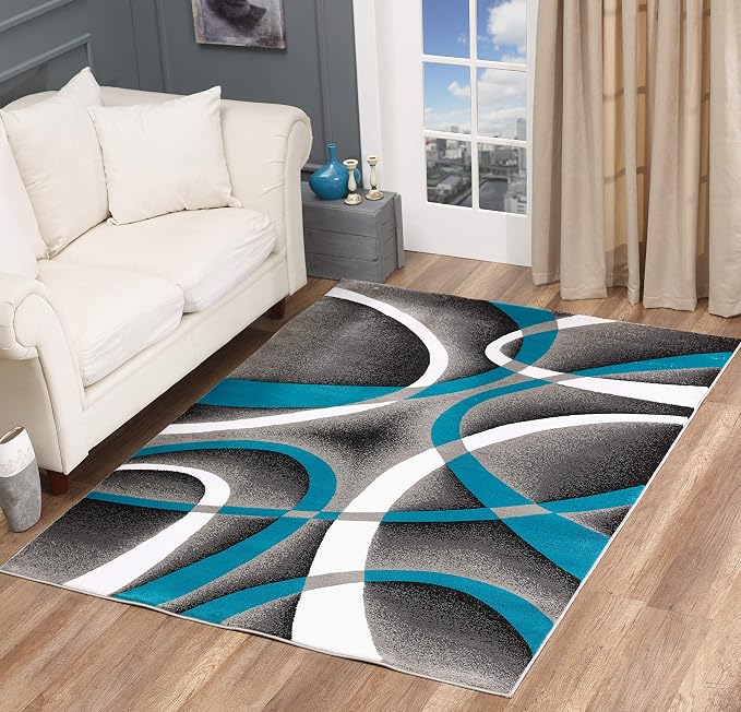 GLORY RUGS Modern Area Rug 4x6 Turquoise Swirls Carpet Bedroom Living Room Contemporary Dining Accent Sevilla Collection 4816A
