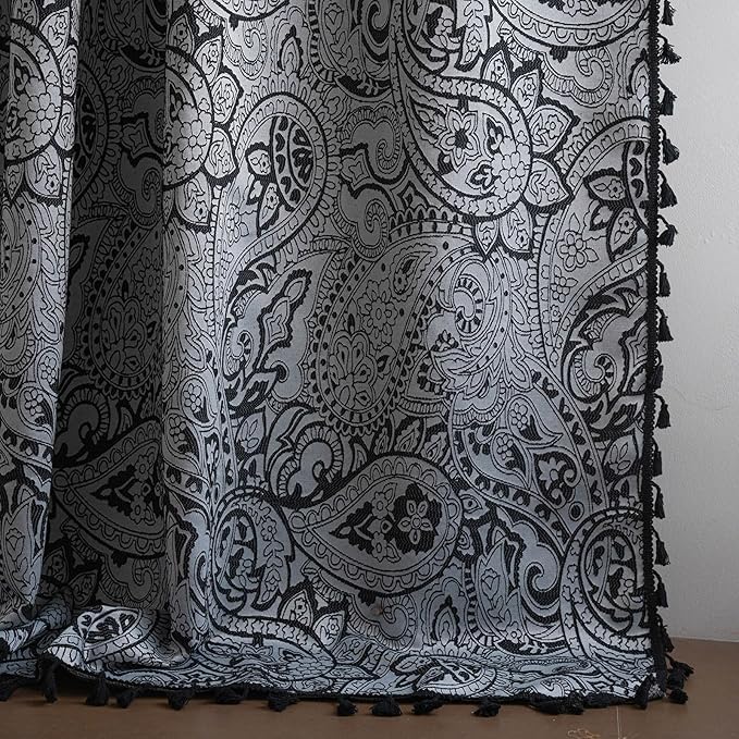 ENJOYBRIDAL Black Paisley 96 Inch Curtains for Bedroom Semi Sheer Drapes Light Filtering Boho Rod Pocket Long Window Curtains 2 Panel Sets Living Room Farmhouse Printed Jacquard Window Treatments