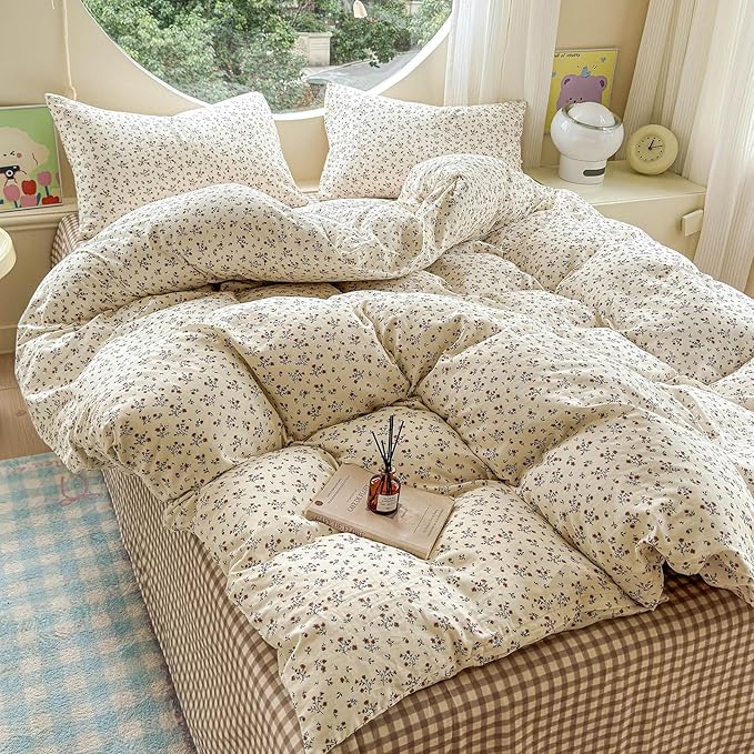 EAVD Garden Style Small Floral Duvet Cover King Size Soft 100% Cotton Muslin Bedding Set with Floral Print Fresh Cottagecore Botanical Pattern Duvet Cover with Zipper Closure