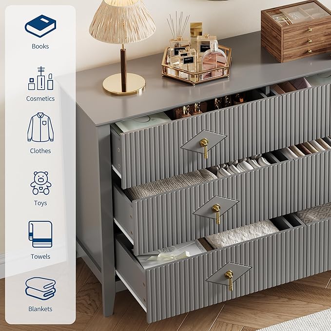GarveeHome Fluted Dresser for Bedroom, 54 Inch Wide 6-Drawer Wood Dresser, Modern Chest of Drawers, Storage Organizer Cabinet for Living Room, Hallway, Entryway, Grey