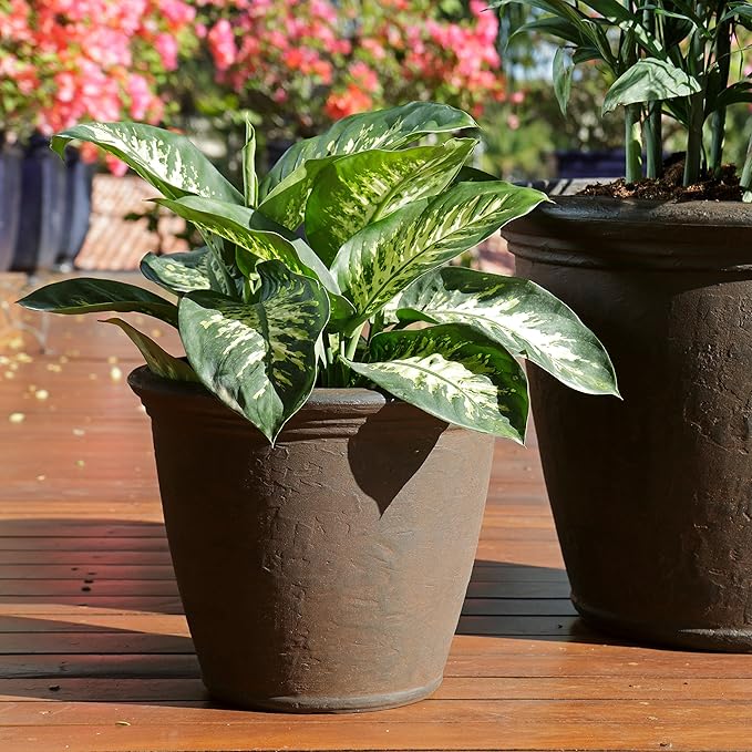 Sunnydaze 15.25-Inch Anjelica Large Plastic Pot for Plants - Double-Walled Outdoor Polyresin Round Planter with Drillable Drainage Holes - Rust - 2pk