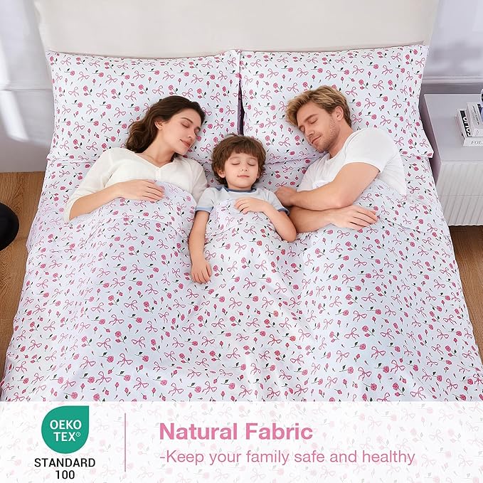 Softan Pink Floral King Bed Sheets, Cozy Microfiber Flower Printed Sheets with 15" Deep Pocket Fitted Sheet & Non-Slip Straps, Patterned Pink Rose - Bow Sheets & Pillowcase Set
