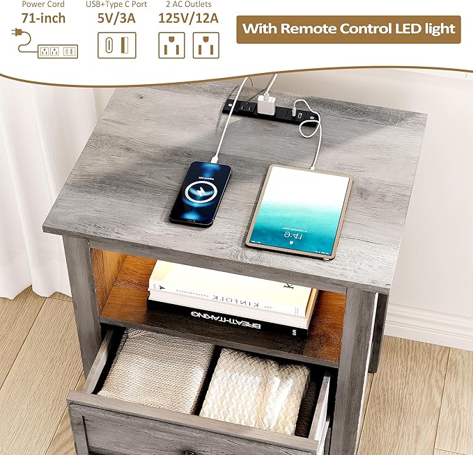 LGHM Set of 2 Nightstand with Charger Station Strip Lights, 20" W Large Night Stand with 2 Drawers, Accent Bed Side Table and End Table, Large Open Cubby, Stable Thick Wood Legs, Timeless Look,Gray