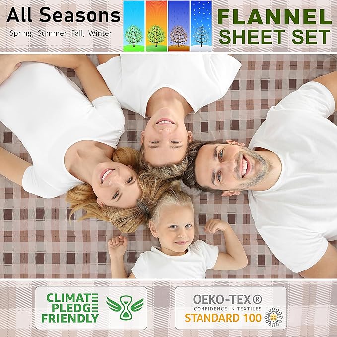 RUVANTI Flannel Sheets Twin XL Size - 100% Cotton Double Brushed Twin XL Sheet Sets, Deep Pockets 16 Inches, All Seasons Breathable & Extra Soft Bed Sheets, Warm & Cozy, 3 Piece, Beige & Grey Plaid
