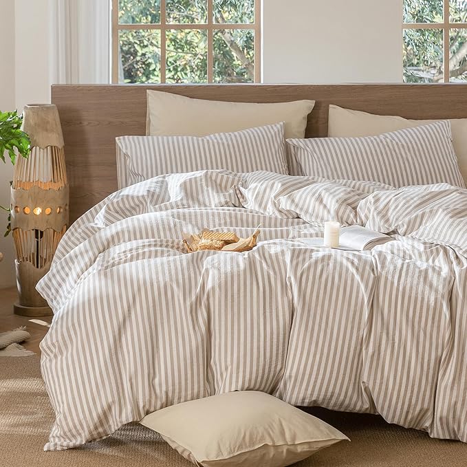 MooMee Striped Duvet Cover Set 100% Washed Cotton Linen Like Textured Breathable Durable Soft Comfy (Tannish Linen Grey White Classic Stripes, Palatial King/Oversized King 120"x98")