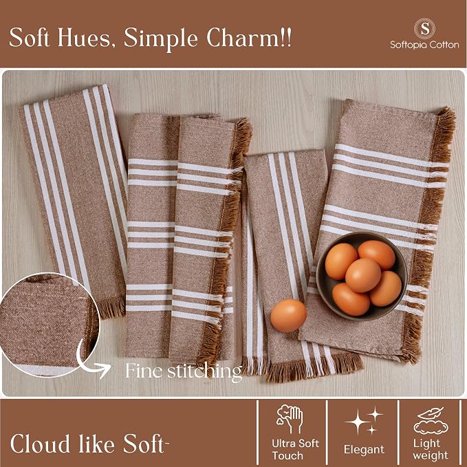Prewashed Striped Dish Towels 4 Pack, 16x26 Inches, Quick Dry Towels for Kitchen, Durable, Reusable and Absorbent Wash Cloths Set, Washable Fabric, Heavy Duty for Daily Use - Brown