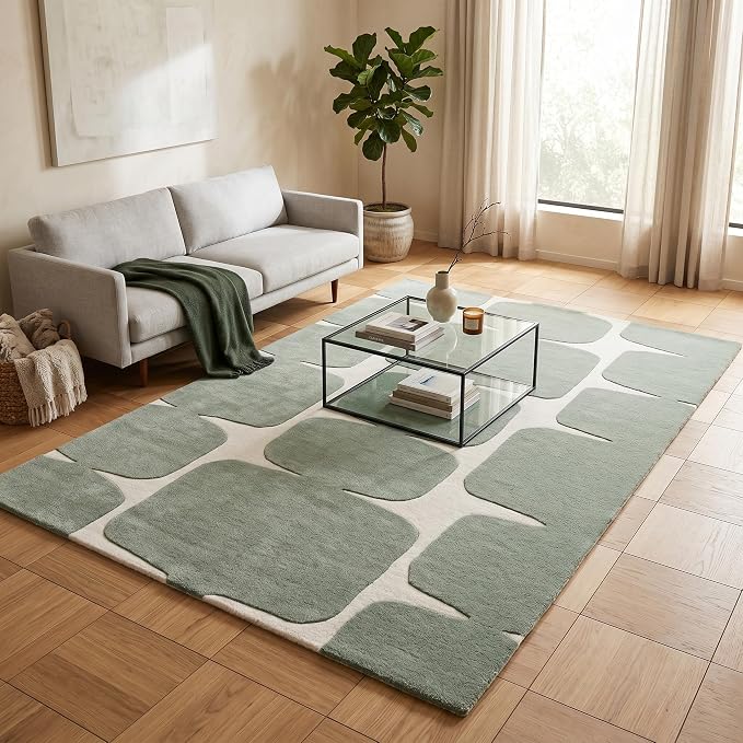 Restoration and Renovation Modern Wool Area Rug - Contemporary Abstract Geometric Design, Thick & Soft Hand-Tufted Carpet - Ideal for Indoor Decor in Living Room, Bedroom (Sage Green, 8' x 10')