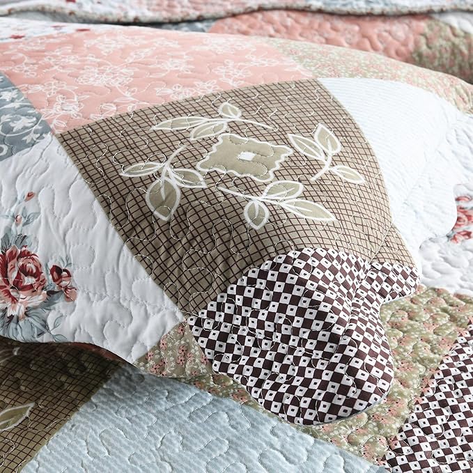 HoneiLife Quilt Set King Size - 3 Piece Microfiber Quilts Reversible Bedspreads Patchwork Coverlets Floral Bedding Set All Season Quilts-Mocha Rose,King Size