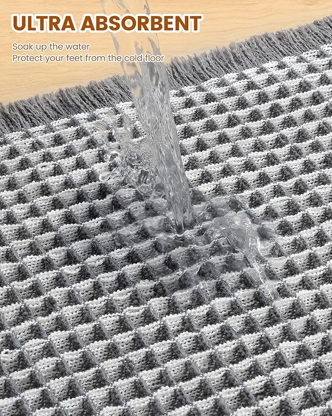 Smiry Waffle Bath Mat 60x24, Extra Soft Absorbent Bathroom Rugs, Non Slip Machine Washable Quick Dry Bath Rugs for Bathroom Floor, Tub, Shower, Home Decor Accessories, Darkgrey & Cream