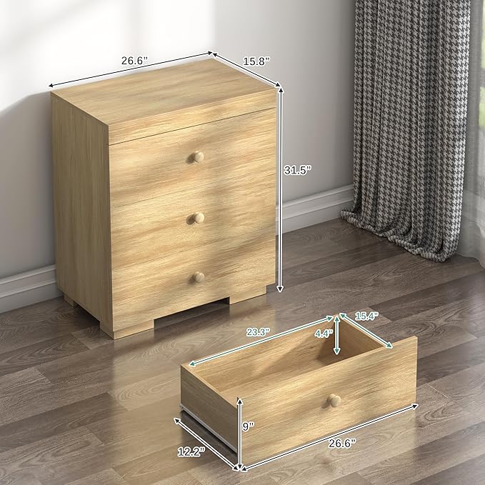 Dresser for Bedroom 3 Drawer Wood Dresser 26.6" Wide, Large Storage Chest of Drawers for Bedroom, Living Room, Hallway, Entryway, Modern TV Stand Drawer Organizer, Light Oak