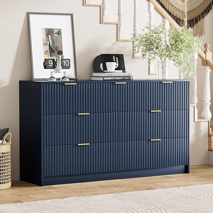 Navy Blue Dresser for Bedroom, Modern Dresser with 7 Drawers and Smooth Slides, Wide Chest of Drawers with Golden Handles for Bedroom, Living Room, Closet, 15.7" D x 55.1" W x 31.4" H