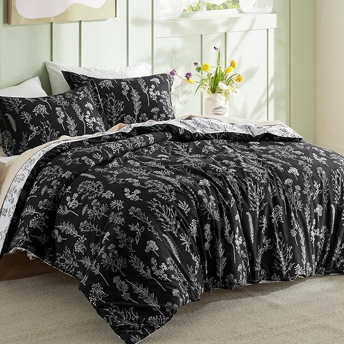 Bedsure Duvet Cover Queen Size - Reversible Black Queen Duvet Cover Set with Zipper Closure, 3 Pieces Floral Patterned Bedding Set with 8 Corner Ties and 2 Pillow Shams