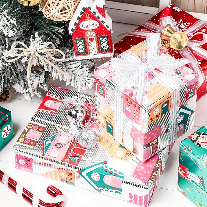 LeZakaa Christmas Wrapping Paper Mini Roll, Nutcracker Snowflake Gingerbread House Design Metallic Foil Holiday Gift Wrap, Arts Craft, for Xmas Winter Party, 17 x 120 inches, 3 Rolls