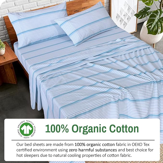 RUVANTI 100% Organic Cotton Sheets Split King, Percale Weave, GOTS Certified, 5-Piece Set, Deep Pocket 15", Crisp & Breathable, Soft Durable Bedding, Sábanas Algodón Orgánico – Nautical Stripes