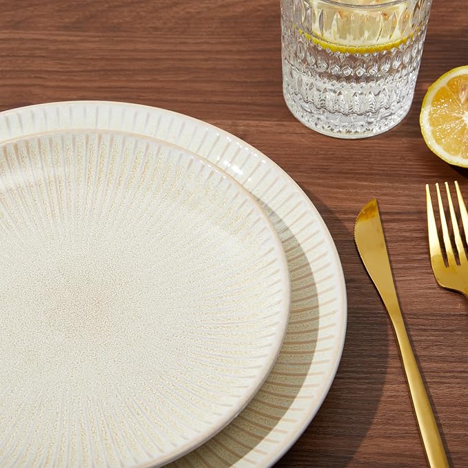 Pokini Ceramic Dinnerware Sets for 4, 12 Pieces Embossed Stoneware Plates and Bowls Sets, Scratch Resistant Dish Sets, Distinctive Granulated Surface, Housewarming Wedding Gift, Brown