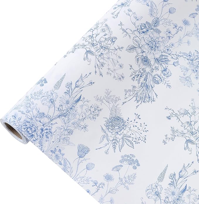 Blue Floral Wrapping Paper Roll, Mini Roll-17 Inches * 32.8 Feet, Flowers Design Wrap Paper for Girls Women Grandma, for Birthdays, Valentine's Day, Weddings, Anniversaries, Mother's Day, 1 Roll