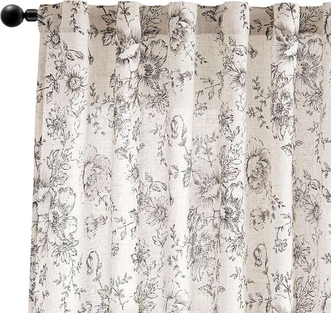jinchan Linen Blend Curtain Floral Curtains for Living Room 120 Inch Length Black Printed Curtain Rod Pocket Back Tab Farmhouse Peony Flower Patterned Drapes Bedroom Window Curtains Set 2 Panels