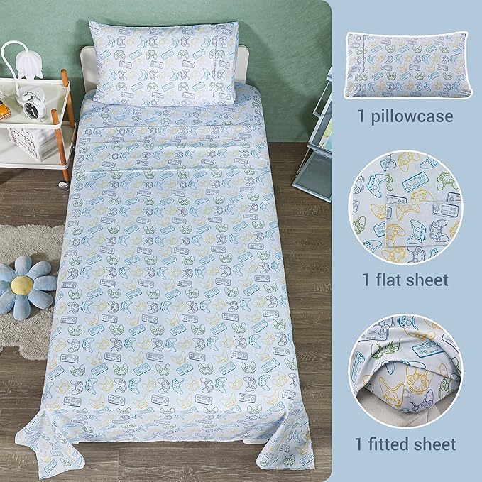 Viviland 3 Pieces Boys Grey Twin Sheet Set - Soft Microfiber Fitted Flat Sheets & Pillowcase - Game Player Paddle Printed Bedding Sets - for Kids & Toddlers