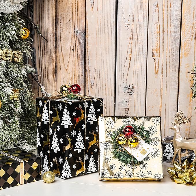 LeZakaa Black Gold Christmas Wrapping Paper Mini Roll, Reindeer Snowflake Tree Grid Metallic Foil Holiday Gift Wrap, DIY Craft, for Xmas Winter Party, 17 x 120 inches, 3 Rolls