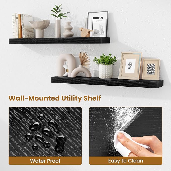 Fun Memories Floating Shelves for Room Wall, 36 Inch Long Shelf Set of 2， Hanging Wood Shelves for Storage & Display, Black