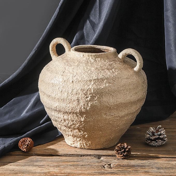 Ceramic Flower Vase, Large Farmhouse Vases Home Decor, Handmade Rustic Vase with Handles, Decorative Flower Vase for Home Entryway Living Room Dining Table Farmhouse Office Decor(10.1inch)