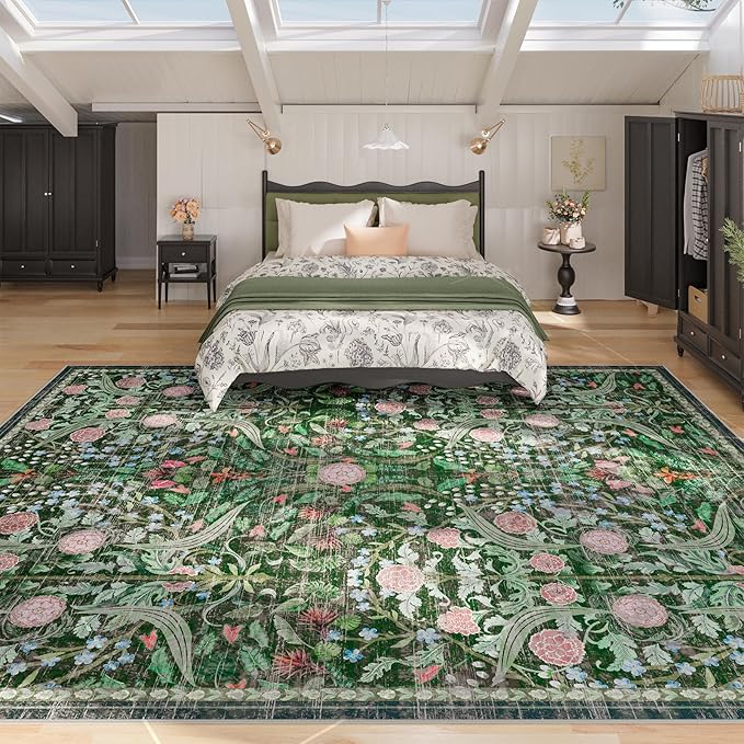 AMTOVO 8x10 Washable Area Rugs for Living Room, Non-Slip Large Soft Boho Floral Vintage Accent Print Carpet for Bedroom Dorm Dining Room Farmhouse Nursery Playroom Home Office, Dark Green