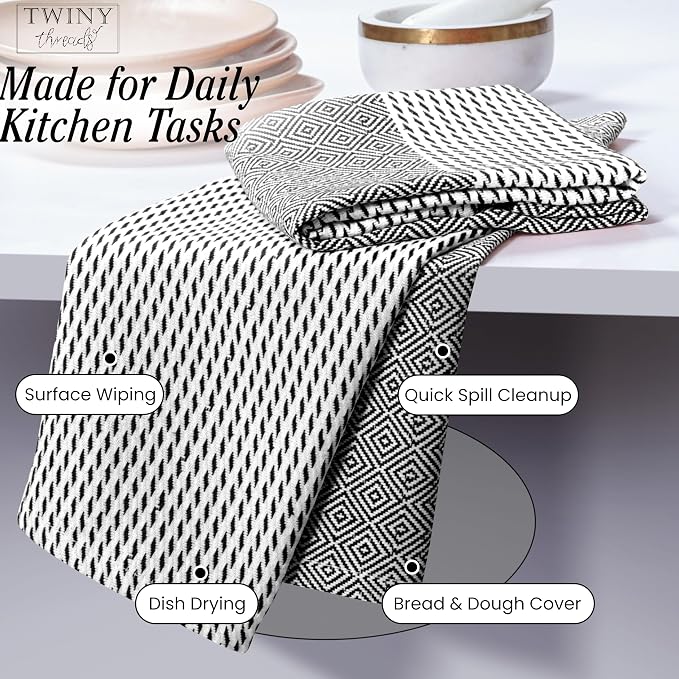 TWINY threads Kitchen Dish Towel Diamond Design, Premium Large 100% Cotton Kitchen Linen Set, Dish Rags for Drying Dishes, Absorbent Quick Drying Wash Rags, Pack of 4, 18 x 26 Inch, Black