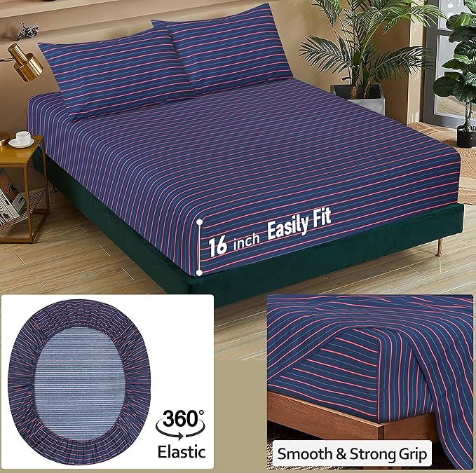 RUVANTI 100% Cotton Full Size Bed Sheets, 4 Pieces, Soft & Breathable Percale Weave Bedding, Deep Pocket 16", Hotel Standard, Crisp Cool Feel, Durable, Perfect Sheet Set Striped, Nautical