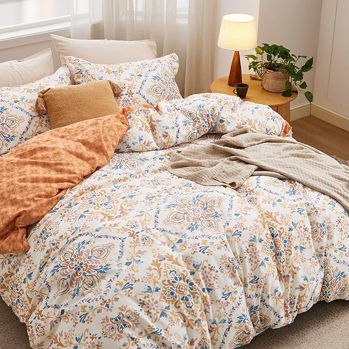 Bedsure Duvet Cover King Size - Reversible Floral Duvet Cover Set with Zipper Closure, 3 Pieces Bohemian Orange Bedding Set with 8 Corner Ties and 2 Pillow Shams 20"x36"