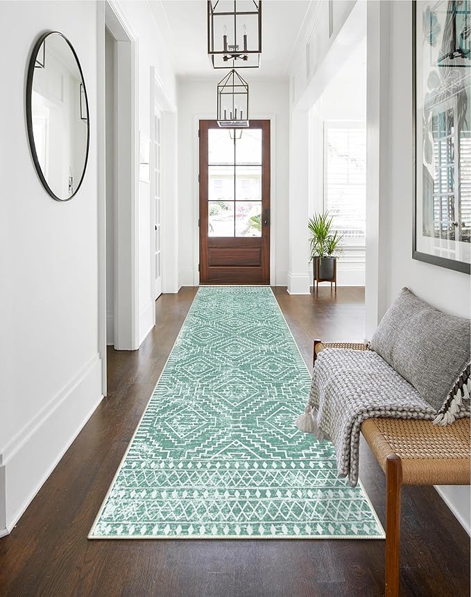 Wonnitar Moroccan Kitchen Runner Rug Washable Non-Slip, 2'6"x10' Mint Green Hallway Rugs, Boho Long Runner Rug for Entryway, Low Pile Soft Runner for Bathroom Laundry Entrance (Mint Green,2'6"x10')