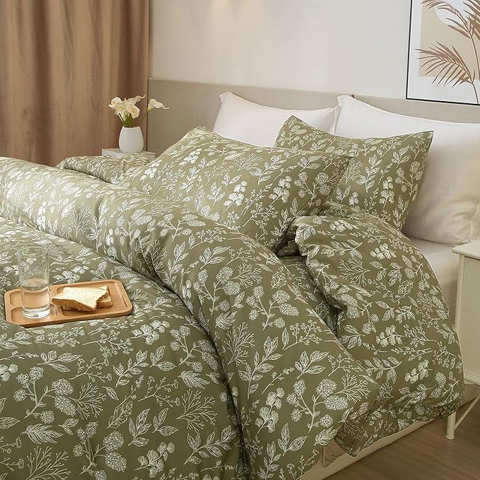 HighBuy Garden Floral Duvet Cover Twin XL Olive Green Botanical Cottagecore Bedding Comforter Cover for Twin XL Bed 3 Piece Cute Flower Bedding Set Easy Fit for Daughter Son Bedroom