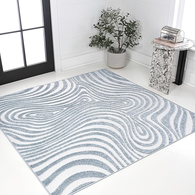 JONATHAN Y Maribo High-Low Abstract Striped Light Blue/Ivory 7x7 Square Indoor/Outdoor Area Rug, Pet Friendly, Non-Shedding, Stain Resistant, Easy-Cleaning for Backyard, Patio (SCN103C-7SQ)