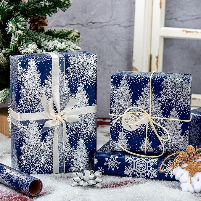 MAYPLUSS Blue Christmas Wrapping Paper Roll, Tree Wrapping Paper, Luxury Navy Blue Shiny Christmas Tree and Snowflakes Gift Wrap for Holiday Gift Packaging, Festive Decoration (17 Inch X 16.5 Feet)
