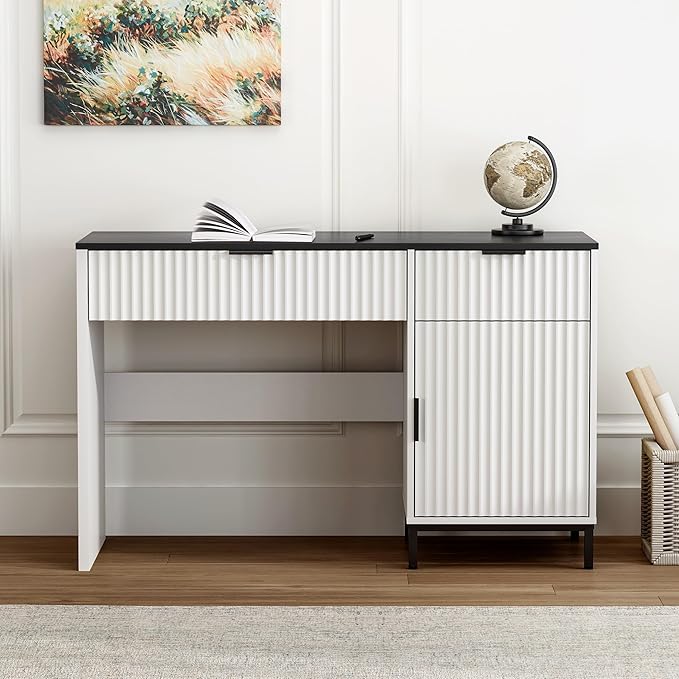 47" Fluted Executive Desk, Modern Wood Home Office Desk with Charging Station, Drawer & Cabinet, Computer Writing Desk for Work Study, White and Black