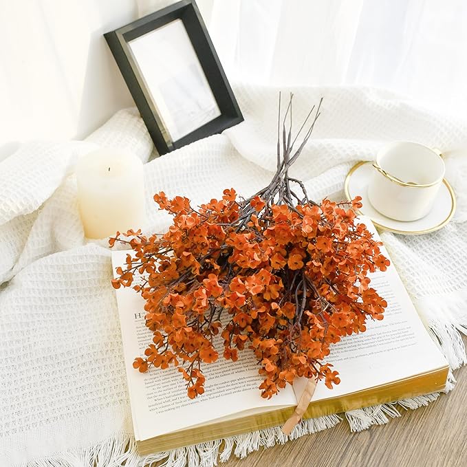 Mandy's Burnt Orange Artificial Baby’s Breath European Flowers 15 Bundles Silk Gypsophila with Bendable Stems for Fall Thanksgiving & Christmas Centerpiece Wedding Decor and Table Arrangements