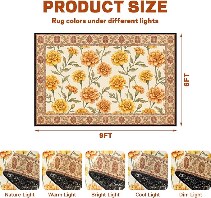 Marigold Floral Area Rug Vintage Boho Rug Bordered Non-Slip Washable Floor Mat for Bedroom Living Room Nursery Kitchen Playroom Home Decor,6'x9'