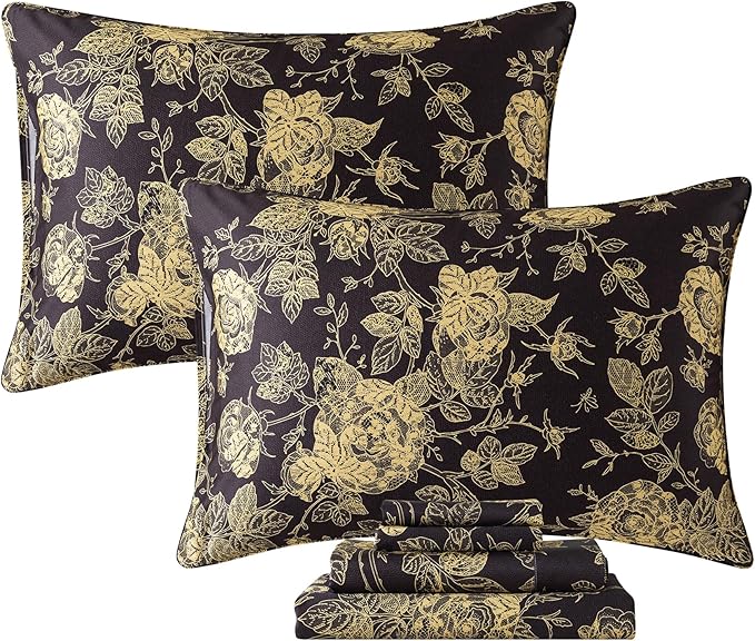 FADFAY Rose Sheets Set Full Vintage Black Gold Floral Bedding Shabby Peony Botanical Sheets Luxury Farmhouse Bedding 800 Thread Count 100% Egyptian Cotton Deep Pocket Fitted Sheet 4Pcs, Full Size