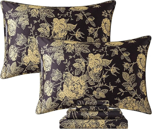 FADFAY Rose Sheets Set Full Vintage Black Gold Floral Bedding Shabby Peony Botanical Sheets Luxury Farmhouse Bedding 800 Thread Count 100% Egyptian Cotton Deep Pocket Fitted Sheet 4Pcs, Full Size