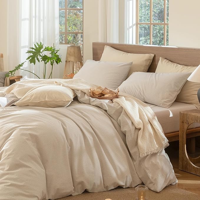 MooMee Striped Duvet Cover Set 100% Washed Cotton Linen Like Textured Breathable Durable Soft Comfy (Tannish Linen Grey White Pinstripes, Twin 68"x90")