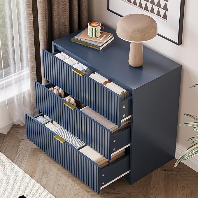 3-Piece Dresser Bedroom Set, 6 Drawer Dresser & 3 Drawer Nightstands with Gold Handles, Fluted Wood Chest of Drawers for Bedroom, Living Room, Entryway, Navy Blue