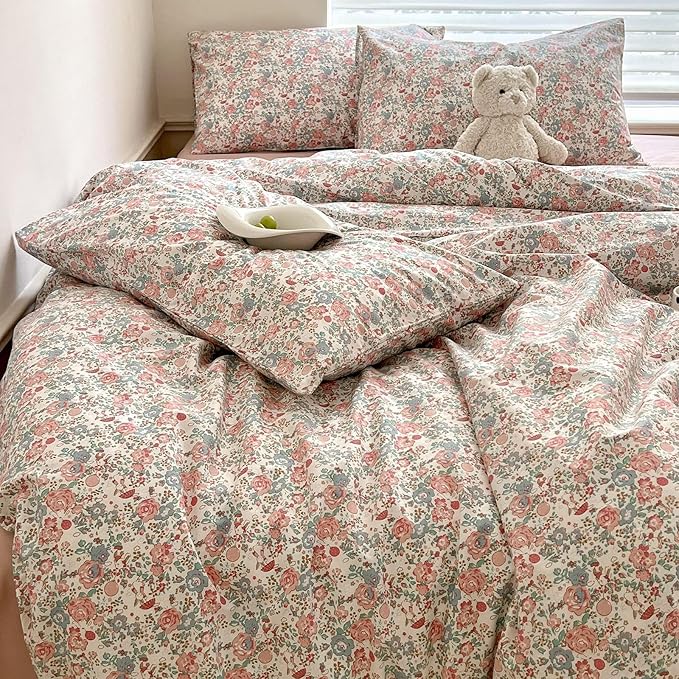Boho Floral Duvet Cover Queen Soft Cotton Aesthetic Floral Bedding Sets French Style Pink Blue Flower Branches Duvet Cover Chic Shabby Garden Floral Comforter Cover Botanical Queen Size Bedding Sets