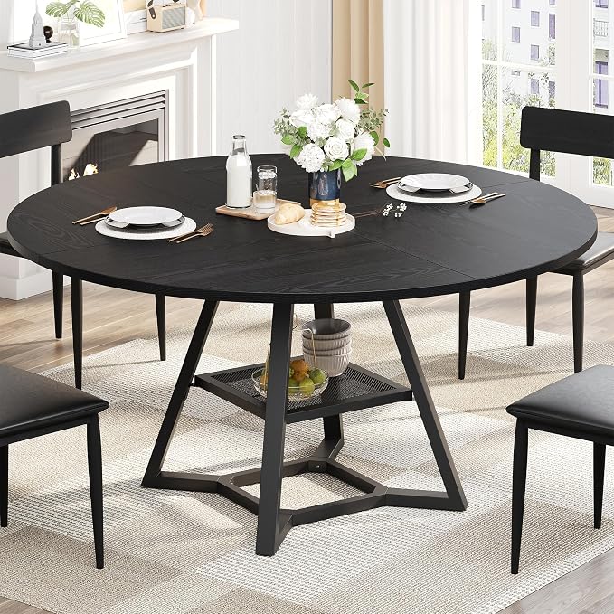 knoworld 51'' Round Dining Table, Kitchen Tables Dining Room Circle Dinner Table with Pedestal Metal Frame, Space Saving Wood Industrial Kitchen & Dining Room Tables, Black 51In