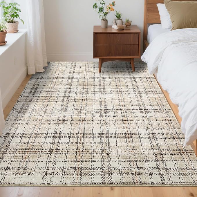 3x5 Entryway Rug Washable Bedroom Rugs with Non Slip Rubber Backing, Plaid Soft Low Pile Rustic Stain Resistant Accent Rug for Entrance Living Room Office Home Decor
