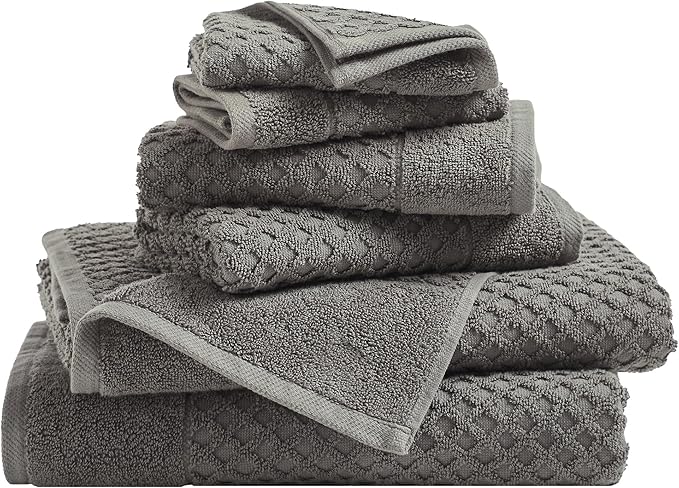 Great Bay Home Bath Towels - 100% Cotton 6 Piece Towel Set - Diamond Waffle Weave - Absorbent, Durable, Quick-Dry Towels for Bathroom (Dark Grey)