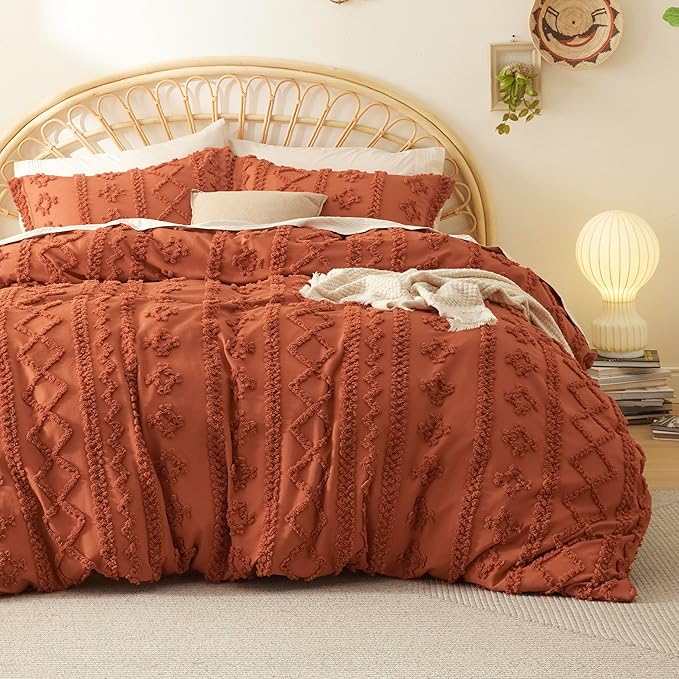 Bedsure Boho Duvet Cover Queen Size, Soft & Comfortable Elegant Design Boho Bedding for Decoration, Machine Washable Comforter Cover for All Seasons,Includes 1 Duvet Cover & 2 Pillow Shams,Terracotta