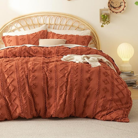 Bedsure Boho Duvet Cover Queen Size, Soft & Comfortable Elegant Design Boho Bedding for Decoration, Machine Washable Comforter Cover for All Seasons,Includes 1 Duvet Cover & 2 Pillow Shams,Terracotta
